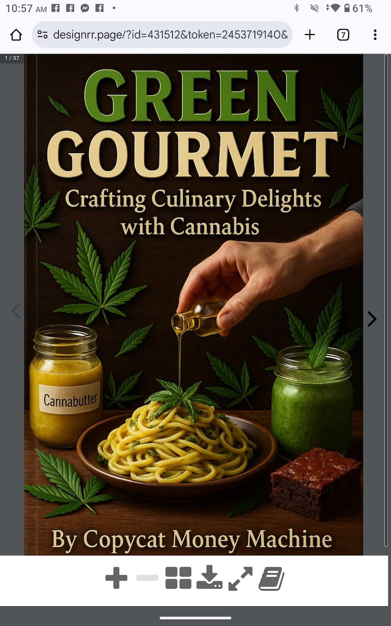 May include: Image of a cookbook cover titled "GREEN GOURMET" with the subtitle "Crafting Culinary Delights with Cannabis." The image features pasta, a jar of cannabutter, and a green smoothie. The author is "Copycat Money Machine."