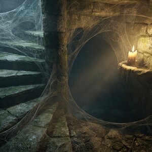 May include: A stone spiral staircase inside a dark, damp chamber covered in thick spiderwebs. A single lit candle sits on a small stone ledge, casting a warm glow and light rays into the shadows of the surrounding rough-hewn masonry walls.