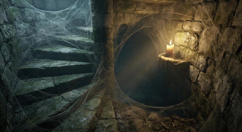 May include: A stone spiral staircase inside a dark, damp chamber covered in thick spiderwebs. A single lit candle sits on a small stone ledge, casting a warm glow and light rays into the shadows of the surrounding rough-hewn masonry walls.