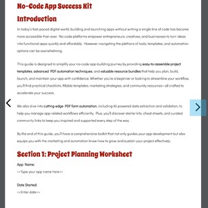May include: A digital document titled "No-Code App Success Kit" with a blue and white design. The document includes an introduction, project planning worksheet, and instructions for building and launching apps without code.