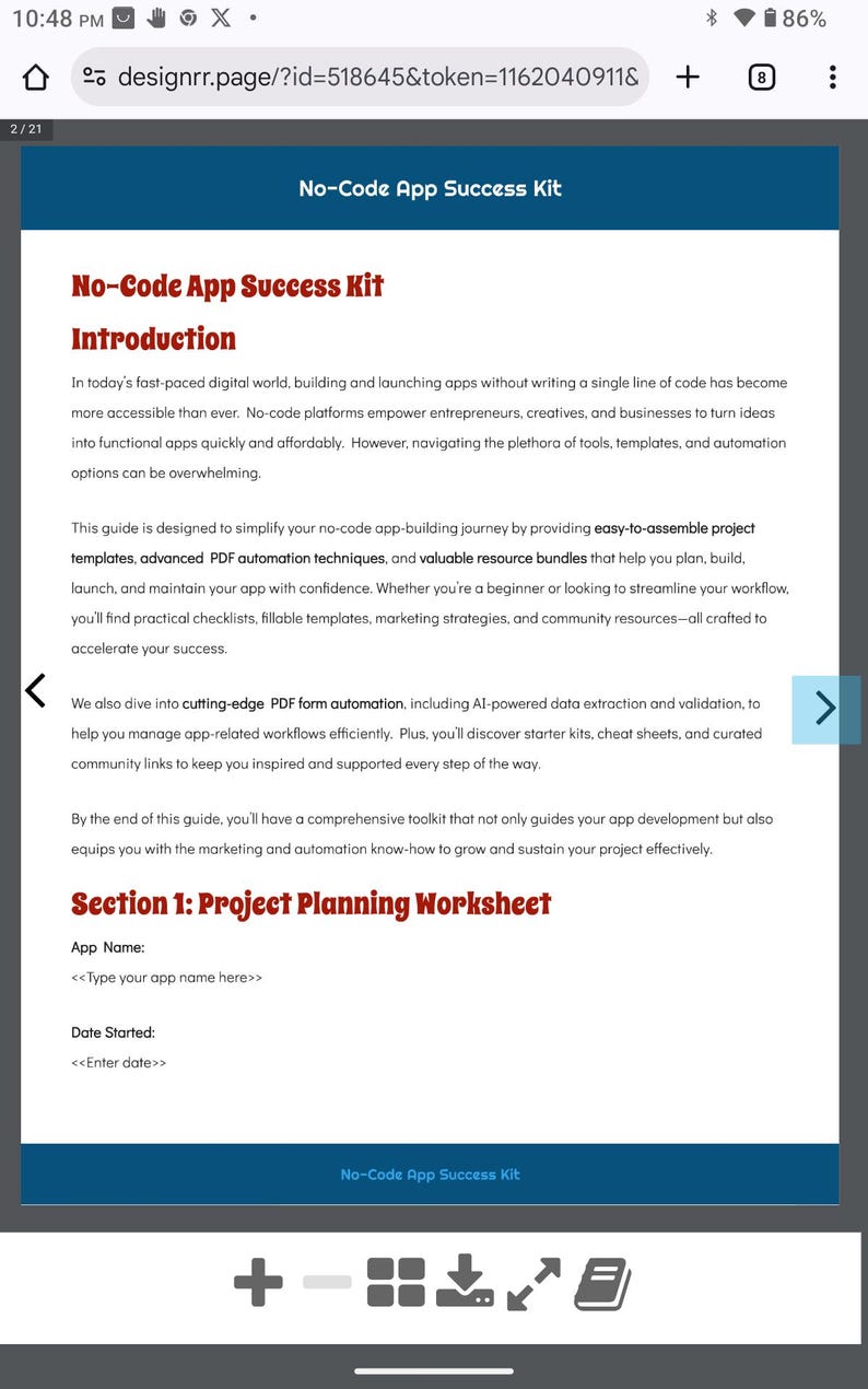 May include: A digital document titled "No-Code App Success Kit" with a blue and white design. The document includes an introduction, project planning worksheet, and instructions for building and launching apps without code.