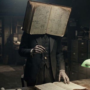 May include: A person in a dark pinstripe suit stands at a desk with an open book covering their head. The book features handwritten text on its pages. A green banker lamp illuminates the desk, where another open book lies flat with handwritten notes.