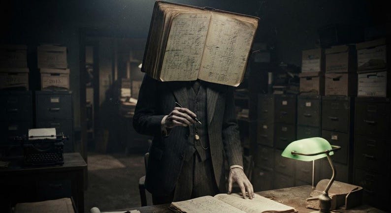 May include: A person in a dark pinstripe suit stands at a desk with an open book covering their head. The book features handwritten text on its pages. A green banker lamp illuminates the desk, where another open book lies flat with handwritten notes.
