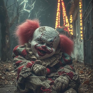 May include: A creepy clown with white face paint, red hair, and a sinister grin. The clown wears a tattered red, green, and white striped costume. The background features a lit star-shaped structure and a spooky, foggy atmosphere, evoking a Halloween theme.