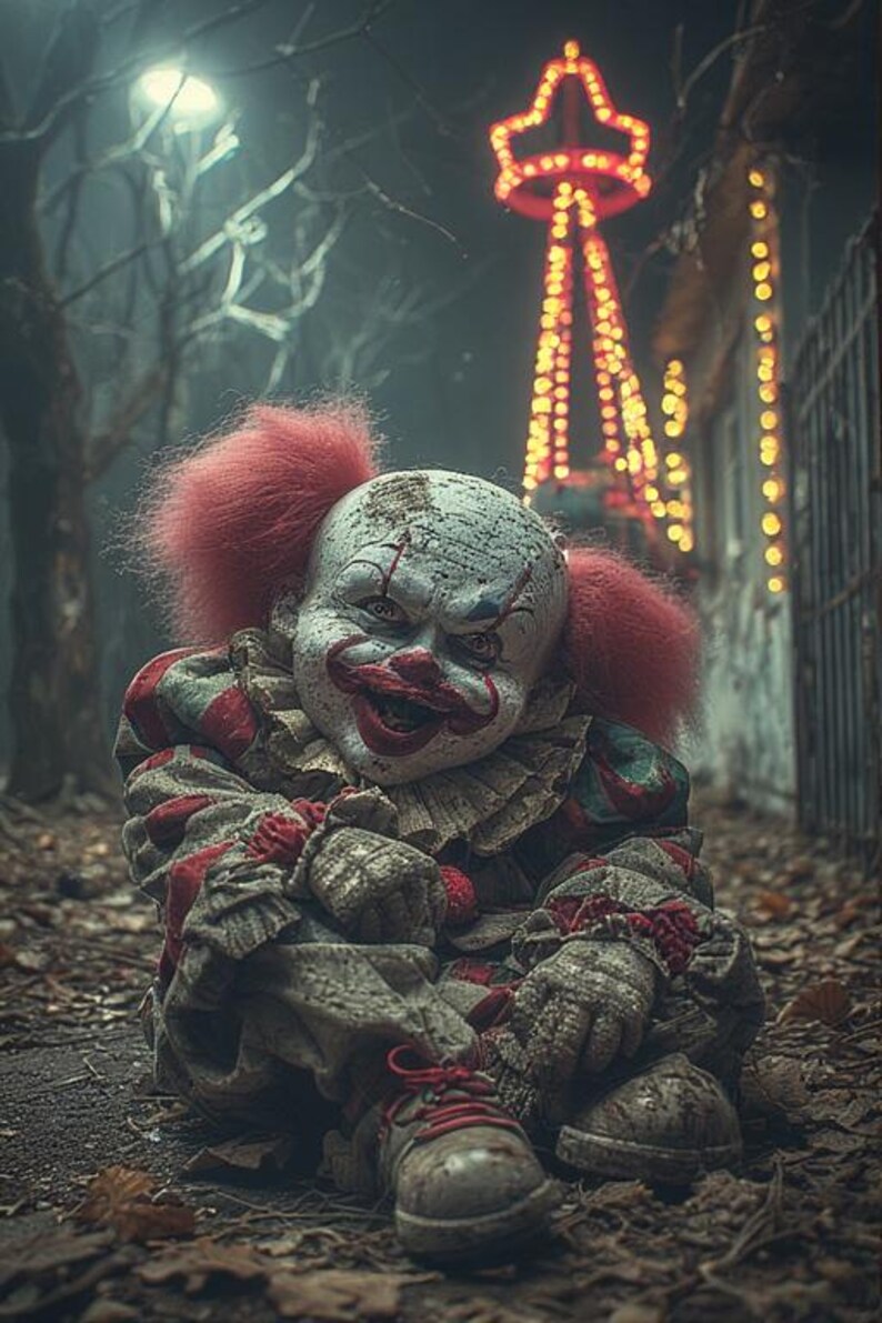 May include: A creepy clown with white face paint, red hair, and a sinister grin. The clown wears a tattered red, green, and white striped costume. The background features a lit star-shaped structure and a spooky, foggy atmosphere, evoking a Halloween theme.