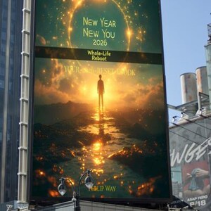 Może przedstawiać: Duży billboard w środowisku miejskim wyświetla tekst "New Year New You 2026" z hasłem "Whole-Life Reboot". Obraz przedstawia osobę stojącą w jasnym, złotym krajobrazie. Billboard znajduje się nad sklepem Modell's.