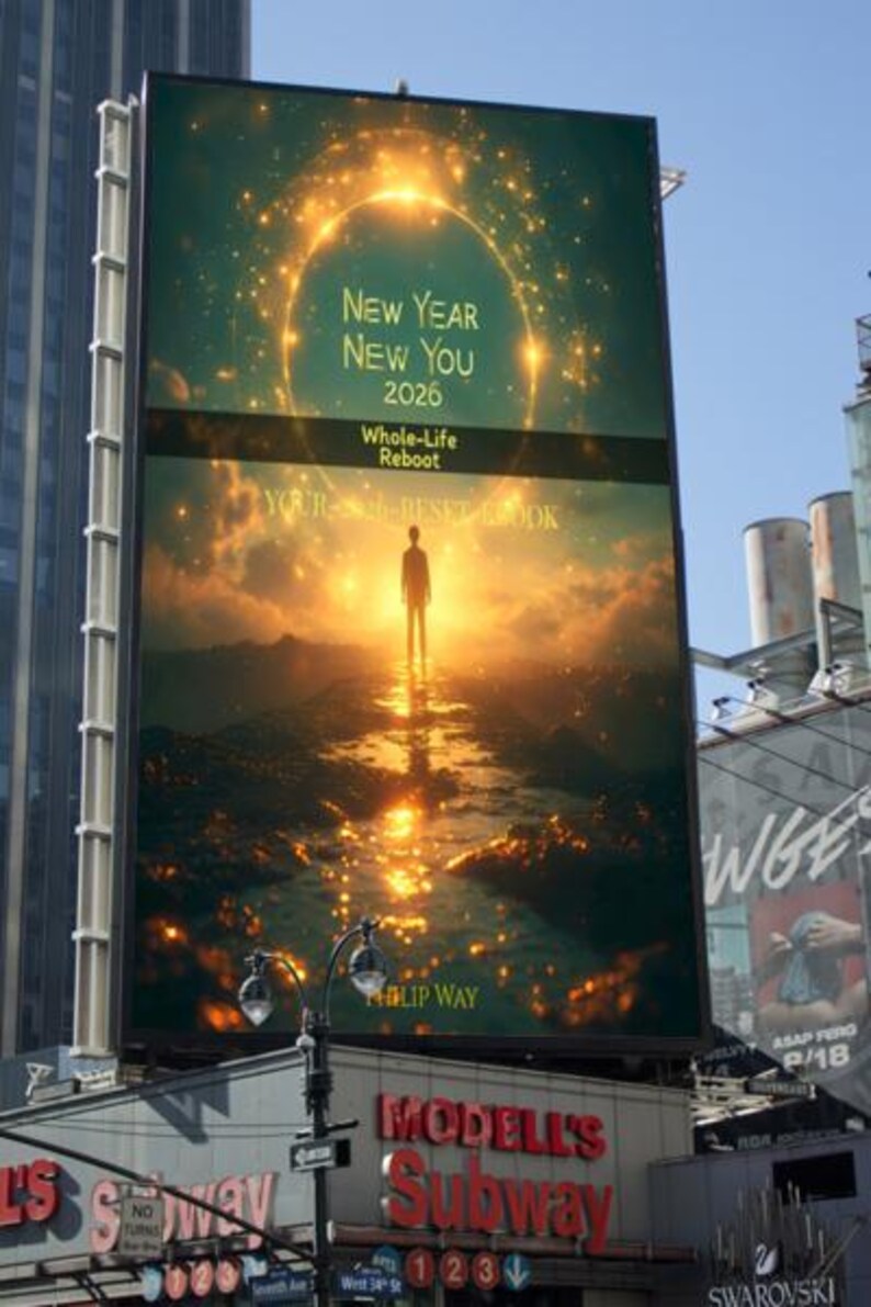 Może przedstawiać: Duży billboard w środowisku miejskim wyświetla tekst "New Year New You 2026" z hasłem "Whole-Life Reboot". Obraz przedstawia osobę stojącą w jasnym, złotym krajobrazie. Billboard znajduje się nad sklepem Modell's.