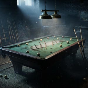 May include: A rectangular pool table with a green felt surface, featuring several scattered billiard balls and a series of upright, sharp, wooden stakes protruding from the centre. Two brass pendant lights hang above the table in a dark room.