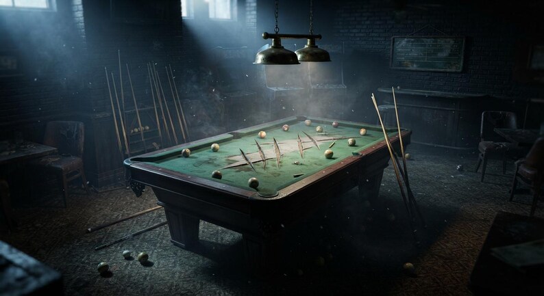 May include: A rectangular pool table with a green felt surface, featuring several scattered billiard balls and a series of upright, sharp, wooden stakes protruding from the centre. Two brass pendant lights hang above the table in a dark room.