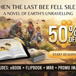 Może przedstawiać: Cyfrowy tablet wyświetlający książkę When the Last Bee Fell Silent: A Novel of Earth's Unravelling, obok stosu drukowanych książek na drewnianym stole. Tło przedstawia ogr&oacute;d z napisem 50% OFF oraz START READING.