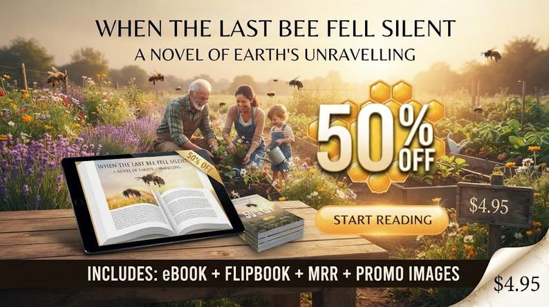 Może przedstawiać: Cyfrowy tablet wyświetlający książkę When the Last Bee Fell Silent: A Novel of Earth's Unravelling, obok stosu drukowanych książek na drewnianym stole. Tło przedstawia ogr&oacute;d z napisem 50% OFF oraz START READING.