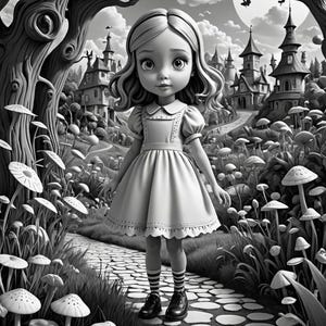 K&ouml;nnte beinhalten: Eine Schwarzwei&szlig;illustration eines jungen M&auml;dchens in einem wei&szlig;en Kleid, das auf einem Steinweg in einer fantasievollen Waldlandschaft steht. Das M&auml;dchen hat langes, lockiges Haar und schaut direkt auf den Betrachter. Der Weg f&uuml;hrt zu einem Dorf mit H&auml;usern in der Ferne, und an beiden Seiten des Weges wachsen Pilze.