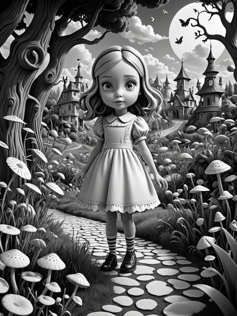 K&ouml;nnte beinhalten: Eine Schwarzwei&szlig;illustration eines jungen M&auml;dchens in einem wei&szlig;en Kleid, das auf einem Steinweg in einer fantasievollen Waldlandschaft steht. Das M&auml;dchen hat langes, lockiges Haar und schaut direkt auf den Betrachter. Der Weg f&uuml;hrt zu einem Dorf mit H&auml;usern in der Ferne, und an beiden Seiten des Weges wachsen Pilze.