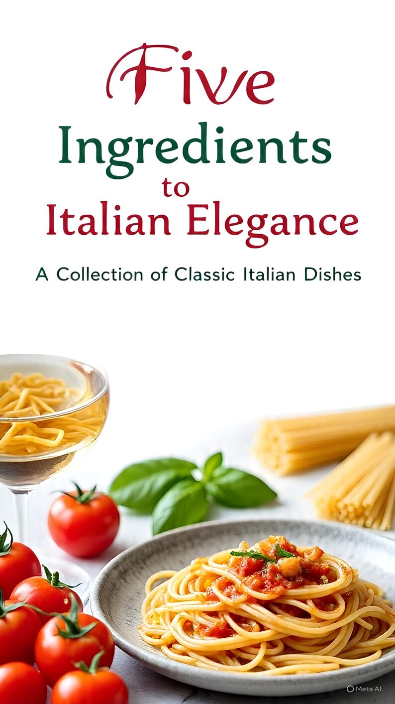 May include: A cookbook cover titled Five Ingredients to Italian Elegance: A Collection of Classic Italian Dishes. The image features a plate of spaghetti with tomato sauce, fresh red tomatoes, green basil leaves, and a glass filled with pasta.