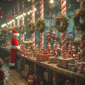 May include: A festive Christmas scene with red and white candy cane-striped pillars, wreaths, and wrapped gifts. A person in a Santa suit stands near a table filled with presents and elf figurines, creating a holiday atmosphere.