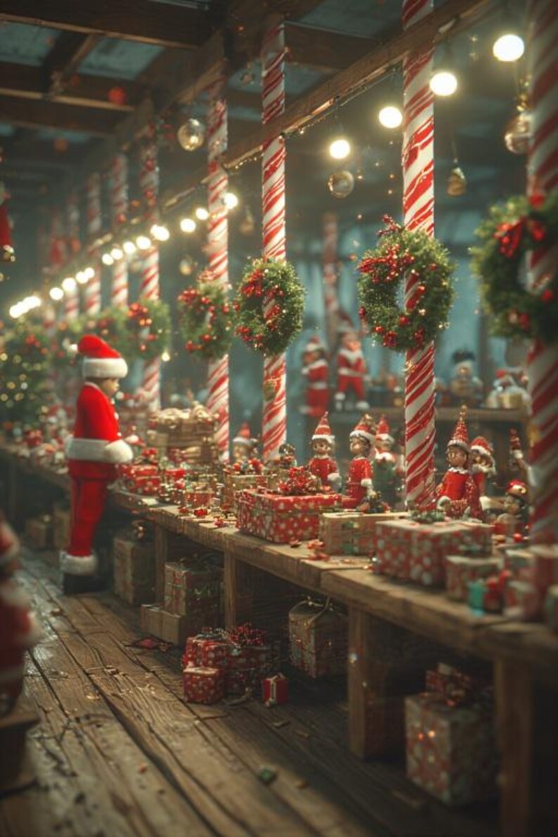 May include: A festive Christmas scene with red and white candy cane-striped pillars, wreaths, and wrapped gifts. A person in a Santa suit stands near a table filled with presents and elf figurines, creating a holiday atmosphere.
