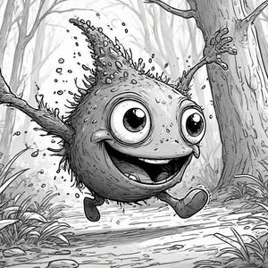 Op de afbeelding: Een zwart-wit illustratie van een vrolijk cartoonmonster dat door een bos rent. Het wezen heeft grote ogen, een brede grijns en stekelige kenmerken. De achtergrond toont bomen en vegetatie.