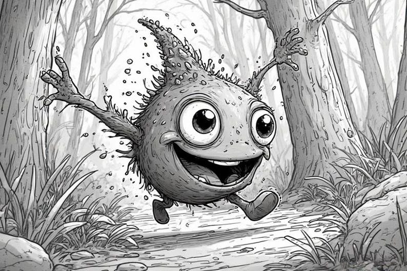 Op de afbeelding: Een zwart-wit illustratie van een vrolijk cartoonmonster dat door een bos rent. Het wezen heeft grote ogen, een brede grijns en stekelige kenmerken. De achtergrond toont bomen en vegetatie.