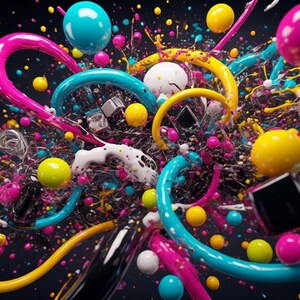 Pu&ograve; includere: Opera d'arte digitale astratta con uno sfondo scuro che presenta una vibrante esplosione di forme colorate. Tubi e sfere rosa brillante, gialli e turchese esplodono verso l'esterno, con schizzi di vernice e forme geometriche.