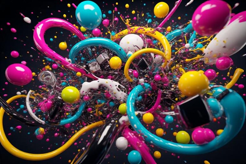 Pu&ograve; includere: Opera d'arte digitale astratta con uno sfondo scuro che presenta una vibrante esplosione di forme colorate. Tubi e sfere rosa brillante, gialli e turchese esplodono verso l'esterno, con schizzi di vernice e forme geometriche.