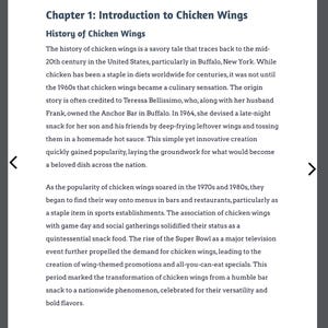 K&ouml;nnte beinhalten: Eine digitale Seite aus "Wings of Flavor: The Ultimate Chicken Wing Recipe Collection". Der Text beschreibt die Geschichte von Chicken Wings, von ihren Urspr&uuml;ngen in Buffalo, New York, bis zu ihrem Aufstieg in den 1970er und 1980er Jahren.