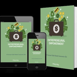 May include: Image of a tablet, smartphone, and book with the title "Entrepreneurial Empowerment." The design includes a briefcase with a dollar sign, surrounded by money and coins. The text "AI Instant Side Hustle Generator Kit" is also visible.