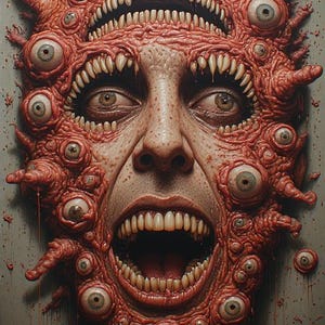 Puede incluir: Una obra de arte grotesca y surrealista que representa un rostro humano distorsionado. La cara est&aacute; cubierta de m&uacute;ltiples ojos, dientes y protuberancias carnosas, con la boca abierta. La paleta de colores est&aacute; dominada por tonos rojos y marrones.