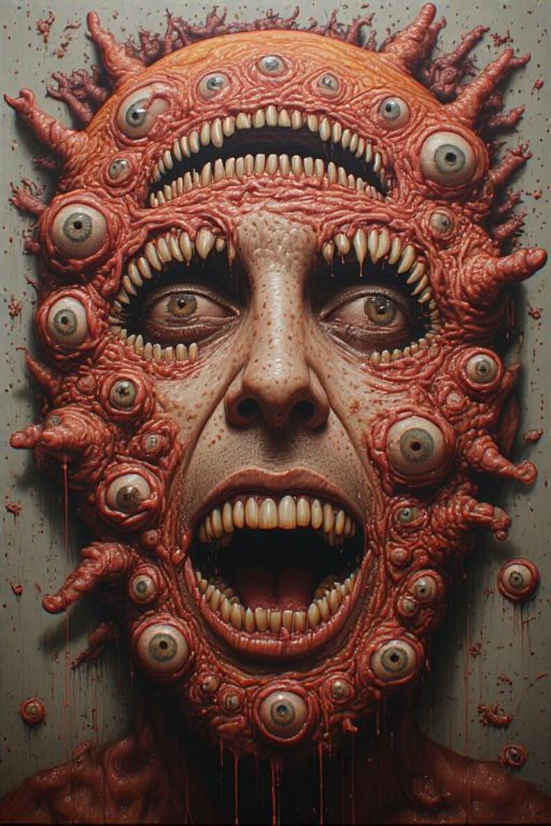 Puede incluir: Una obra de arte grotesca y surrealista que representa un rostro humano distorsionado. La cara est&aacute; cubierta de m&uacute;ltiples ojos, dientes y protuberancias carnosas, con la boca abierta. La paleta de colores est&aacute; dominada por tonos rojos y marrones.
