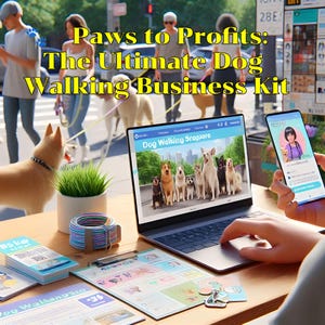 May include: A laptop and smartphone display a dog walking business theme. The laptop screen shows a website with various dog breeds. The smartphone displays a profile. The scene includes printed materials, a plant, and a colourful leash holder, suggesting a dog walking business kit.