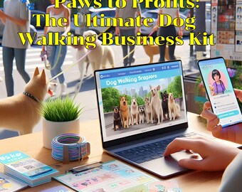 May include: A laptop and smartphone display a dog walking business theme. The laptop screen shows a website with various dog breeds. The smartphone displays a profile. The scene includes printed materials, a plant, and a colorful leash holder, suggesting a dog walking business kit.