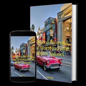 Puede incluir: Un libro y un smartphone muestran la portada de "Hollywood Uncovered: Bizarre Facts and Hidden Histories". La portada del libro presenta un coche descapotable rojo en una calle con edificios y texto. El smartphone muestra la misma imagen.
