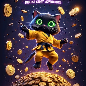 May include: A cartoon image features a black cat with bright green eyes wearing a yellow karate uniform. The cat is surrounded by gold coins and the text "COPYCAT ENDLESS STORY ADVENTURES" in gold letters against a starry background.