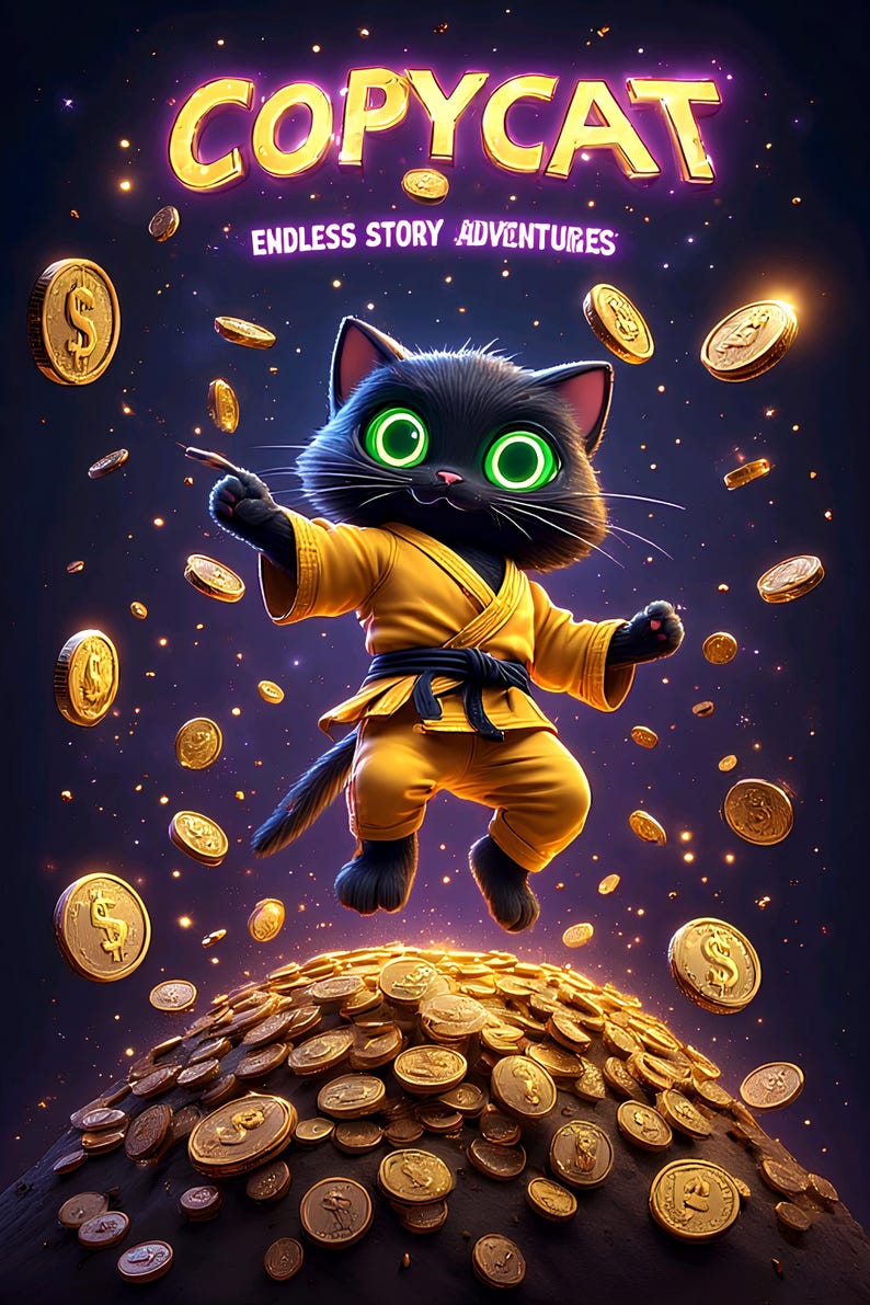 May include: A cartoon image features a black cat with bright green eyes wearing a yellow karate uniform. The cat is surrounded by gold coins and the text "COPYCAT ENDLESS STORY ADVENTURES" in gold letters against a starry background.