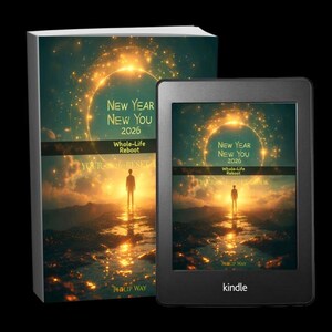 Może przedstawiać: Książka w twardej oprawie i czytnik e-book&oacute;w Kindle z tą samą okładką. Okładka zawiera tekst "New Year New You 2026 Whole-Life Reboot" nad krajobrazem z osobą stojącą przed jasnym światłem. Kindle jest czarny z logo Kindle.