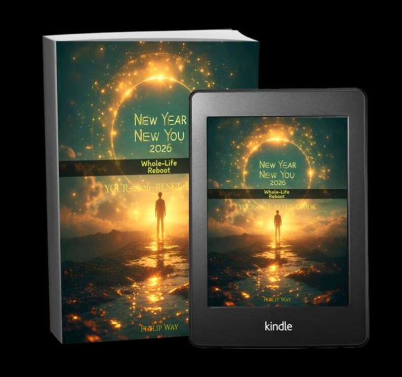 Może przedstawiać: Książka w twardej oprawie i czytnik e-book&oacute;w Kindle z tą samą okładką. Okładka zawiera tekst "New Year New You 2026 Whole-Life Reboot" nad krajobrazem z osobą stojącą przed jasnym światłem. Kindle jest czarny z logo Kindle.