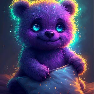 May include: A whimsical purple teddy bear with glowing yellow and teal accents. The bear has large, bright blue eyes and is holding a blue pillow with gold stars. The image has a dreamy, fantasy theme.