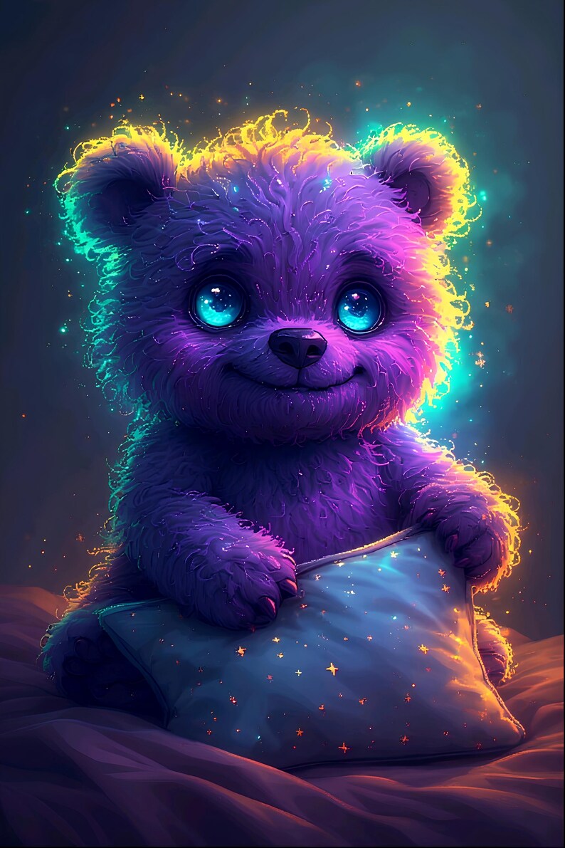 May include: A whimsical purple teddy bear with glowing yellow and teal accents. The bear has large, bright blue eyes and is holding a blue pillow with gold stars. The image has a dreamy, fantasy theme.