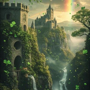 Puede incluir: Ilustraci&oacute;n digital de un paisaje de fantas&iacute;a con un castillo en un acantilado, cascadas y un arco&iacute;ris. La escena es exuberante con vegetaci&oacute;n e incluye tr&eacute;boles flotantes, evocando un tema del D&iacute;a de San Patricio.