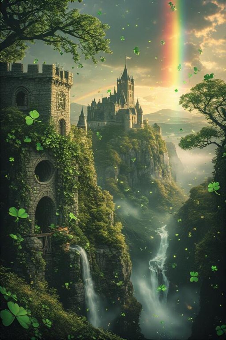Puede incluir: Ilustraci&oacute;n digital de un paisaje de fantas&iacute;a con un castillo en un acantilado, cascadas y un arco&iacute;ris. La escena es exuberante con vegetaci&oacute;n e incluye tr&eacute;boles flotantes, evocando un tema del D&iacute;a de San Patricio.