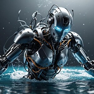 K&ouml;nnte beinhalten: Ein silberner Roboter mit blau leuchtenden Augen taucht aus dem Wasser auf, sein metallischer K&ouml;rper gl&auml;nzt. Die Arme des Roboters sind ausgestreckt und erzeugen ein Gef&uuml;hl von Bewegung und Kraft.