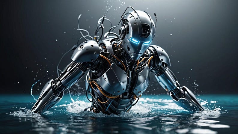 K&ouml;nnte beinhalten: Ein silberner Roboter mit blau leuchtenden Augen taucht aus dem Wasser auf, sein metallischer K&ouml;rper gl&auml;nzt. Die Arme des Roboters sind ausgestreckt und erzeugen ein Gef&uuml;hl von Bewegung und Kraft.