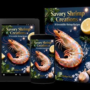 May include: A cookbook titled "Savory Shrimp Creations" with the subtitle "50 Irresistible Shrimp Recipes" is displayed on a tablet, smartphone, and a hardcover book. The cover art features a large cooked shrimp, lemon slices, and garlic cloves.