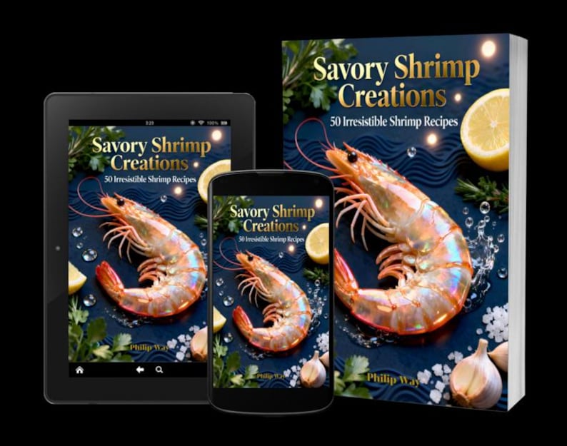 May include: A cookbook titled "Savory Shrimp Creations" with the subtitle "50 Irresistible Shrimp Recipes" is displayed on a tablet, smartphone, and a hardcover book. The cover art features a large cooked shrimp, lemon slices, and garlic cloves.