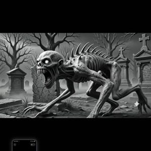 May include: A black and white digital illustration of a gaunt, skeletal creature with glowing eyes, sharp teeth, and a spiked spine, crouching in a misty graveyard filled with weathered tombstones and bare, leafless trees under a dark sky.