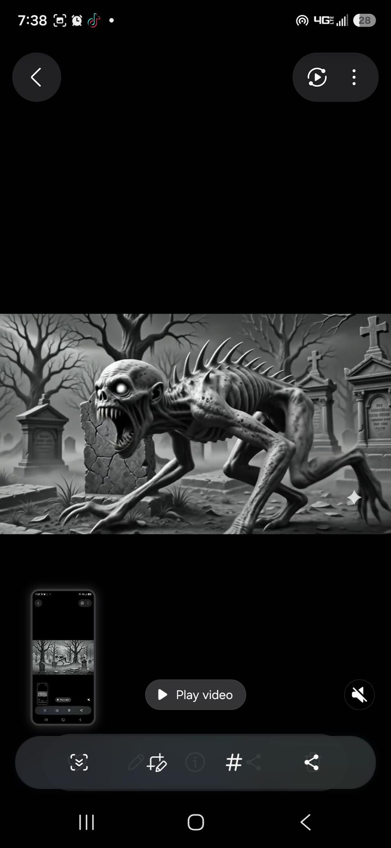 May include: A black and white digital illustration of a gaunt, skeletal creature with glowing eyes, sharp teeth, and a spiked spine, crouching in a misty graveyard filled with weathered tombstones and bare, leafless trees under a dark sky.