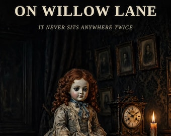 May include: A book cover titled The Doll on Willow Lane by Philip Way, featuring a pale doll with curly auburn hair in a lace dress, sitting next to an antique clock and a lit candle against a dark, ornate background with framed portraits.