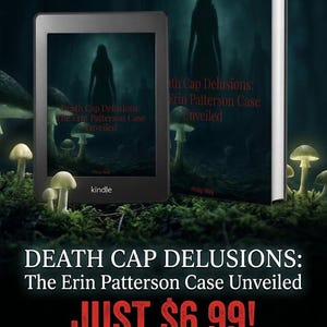May include: A Kindle e-reader and a physical book titled Death Cap Delusions: The Erin Patterson Case Unveiled by Philip Way. The cover art features a dark, misty forest scene with a silhouette of a person and several glowing white mushrooms.
