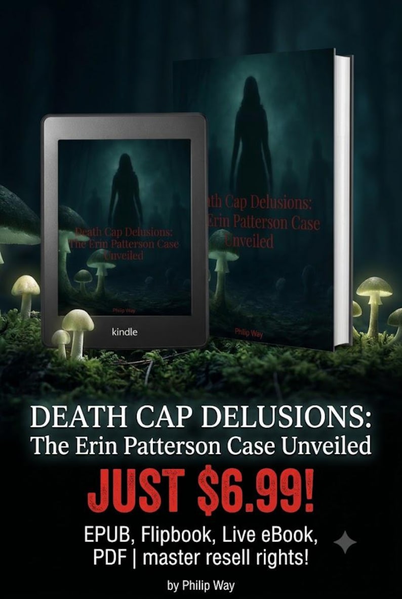 May include: A Kindle e-reader and a physical book titled Death Cap Delusions: The Erin Patterson Case Unveiled by Philip Way. The cover art features a dark, misty forest scene with a silhouette of a person and several glowing white mushrooms.