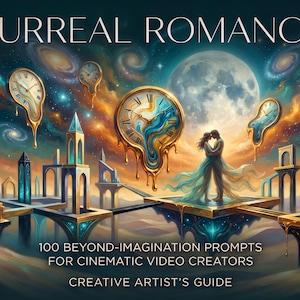 May include: A digital illustration titled SURREAL ROMANCE featuring a couple embracing on a floating platform amidst melting clocks, a large moon, and architectural structures over a desert landscape, with text 100 BEYOND-IMAGINATION PROMPTS FOR CINEMATIC VIDEO CREATORS CREATIVE ARTIST'S GUIDE.