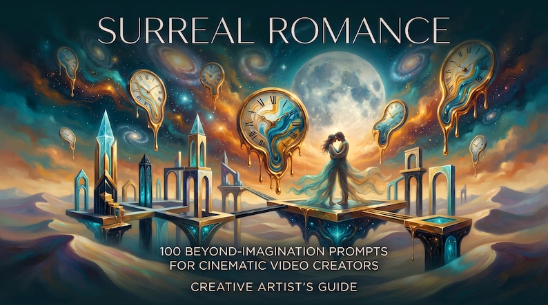 May include: A digital illustration titled SURREAL ROMANCE featuring a couple embracing on a floating platform amidst melting clocks, a large moon, and architectural structures over a desert landscape, with text 100 BEYOND-IMAGINATION PROMPTS FOR CINEMATIC VIDEO CREATORS CREATIVE ARTIST'S GUIDE.